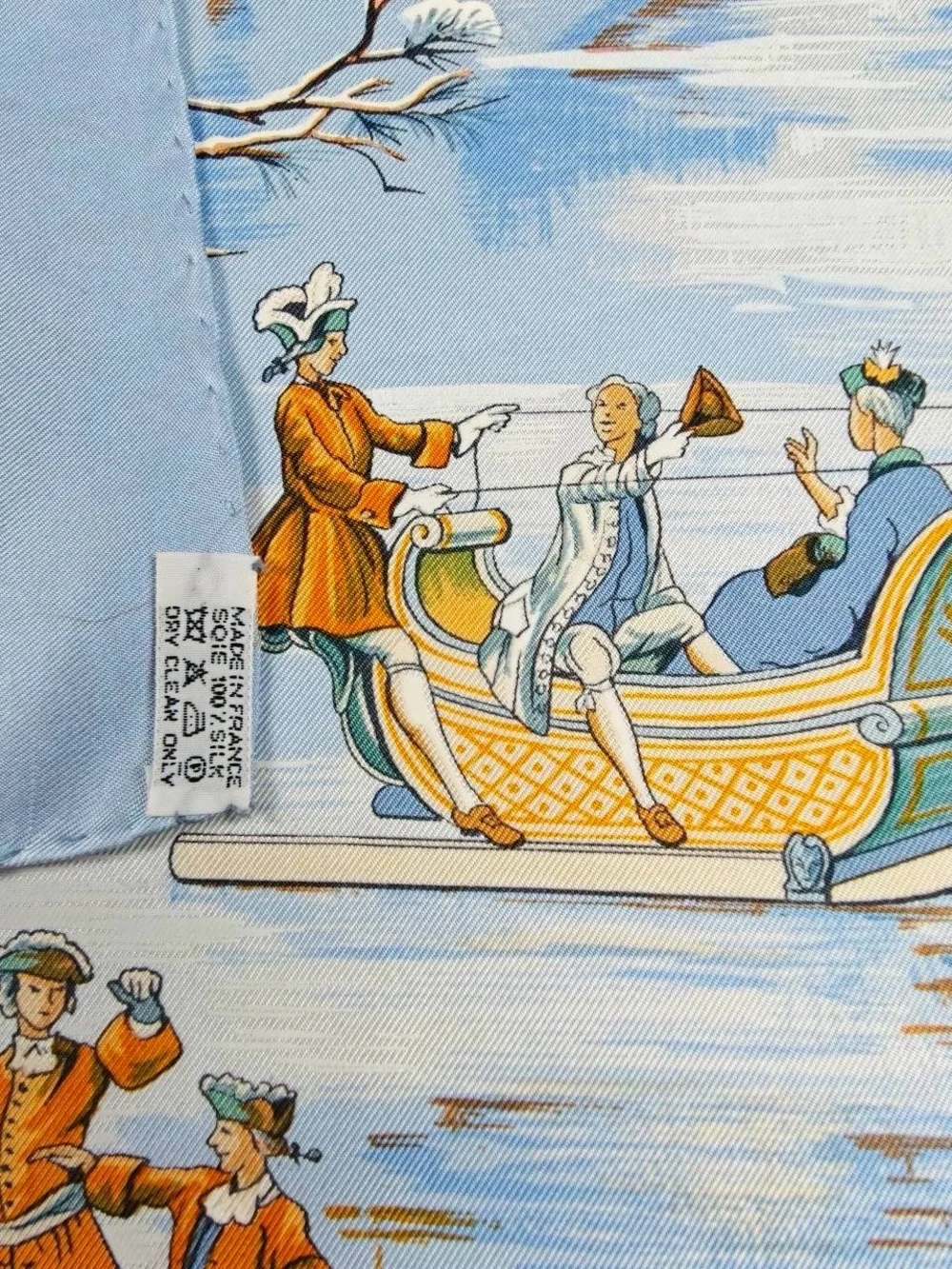 Hermes Blue, Cream and Orange Silk Scarf — Winter Sleigh Tableau